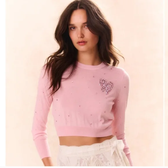 NWT LoveShackFancy Pink Cropped Sweater with Embellished Bow - Picture 1 of 9
